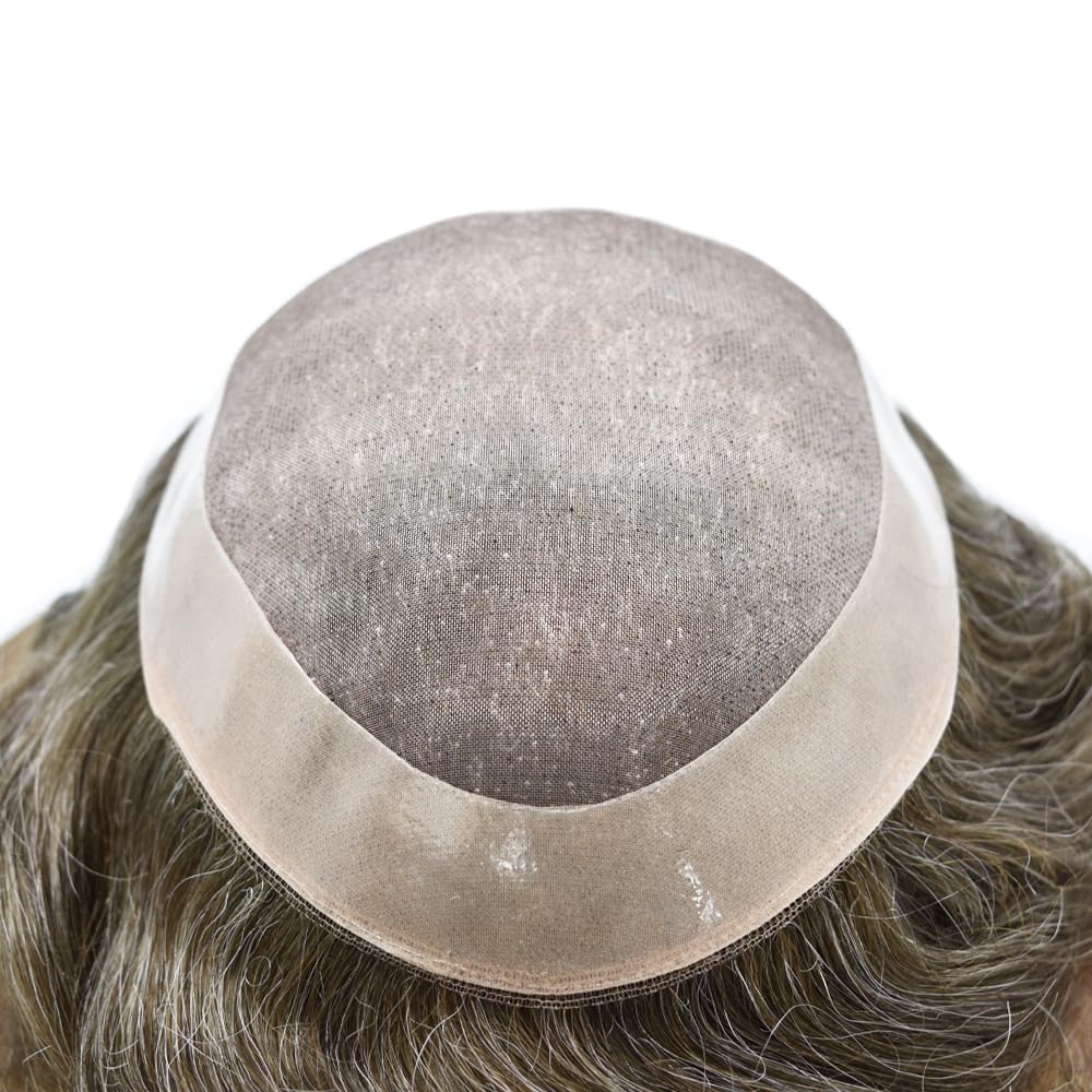 Curve Hair Mens Toupee Human Hair Piece Replacement System Monofilament Wig Hair Unit for Men Durable Poly Coated Mens Hairpiece (#640 Light Brown+40% Gray, 7"X9")