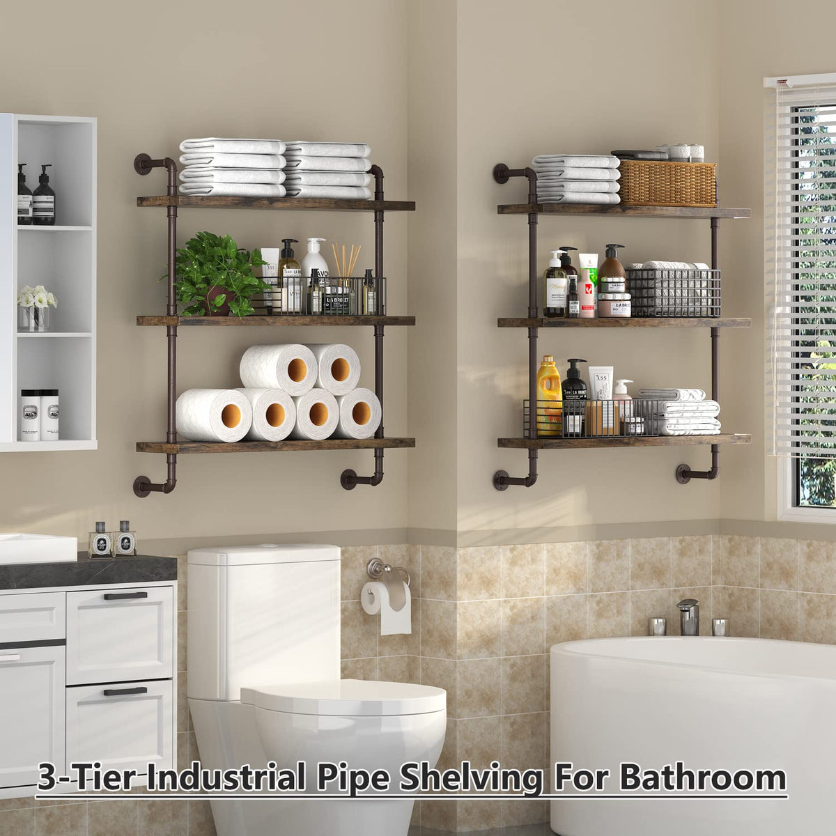 Helsin 3 Tier Industrial Pipe Shelf Rustic Wood Floating - Helsin Official Imagery - 3