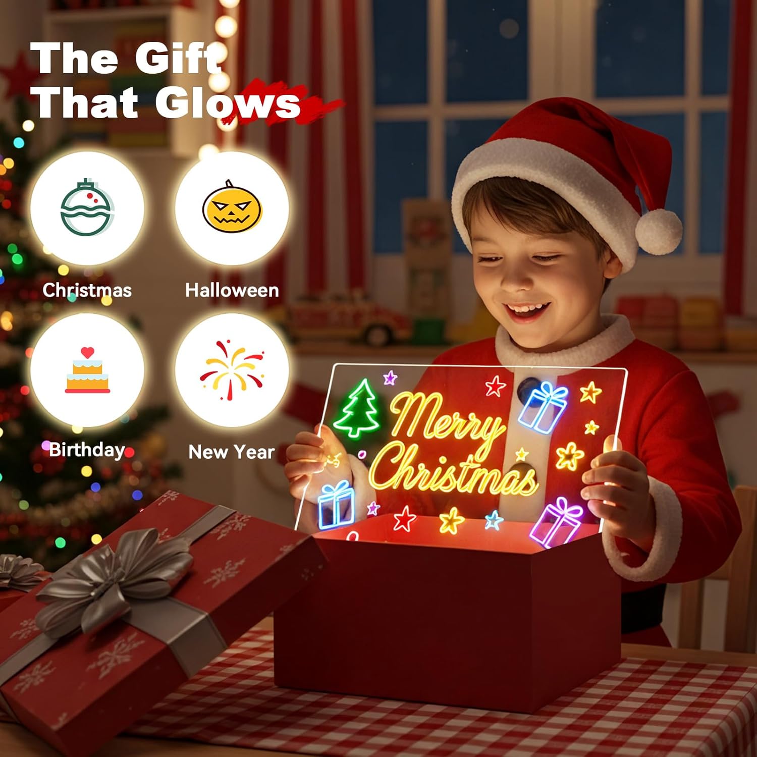 PHOSHO LED drawing board for kids with 7 colors, 16-inch neon light-up glow note and message display for creative drawing.