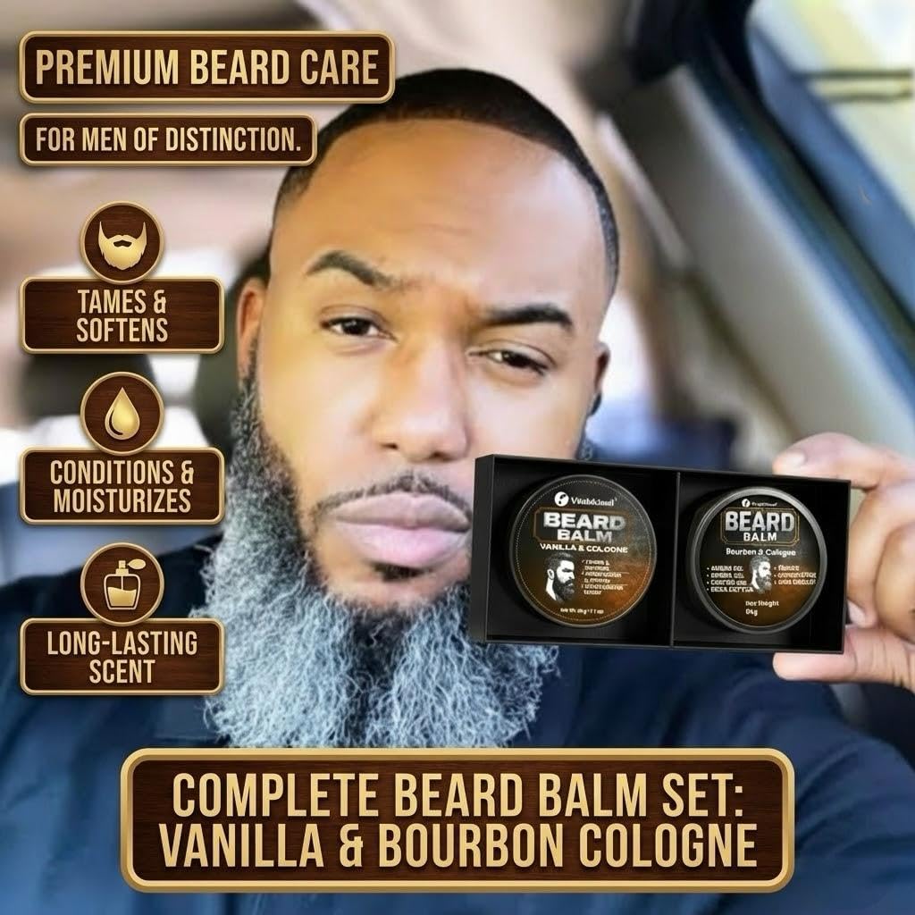 Beard Balm Set for Men Sandalwood Cologne Scented 2 Pack Set - VITALSKINOIL Official Imagery - 4