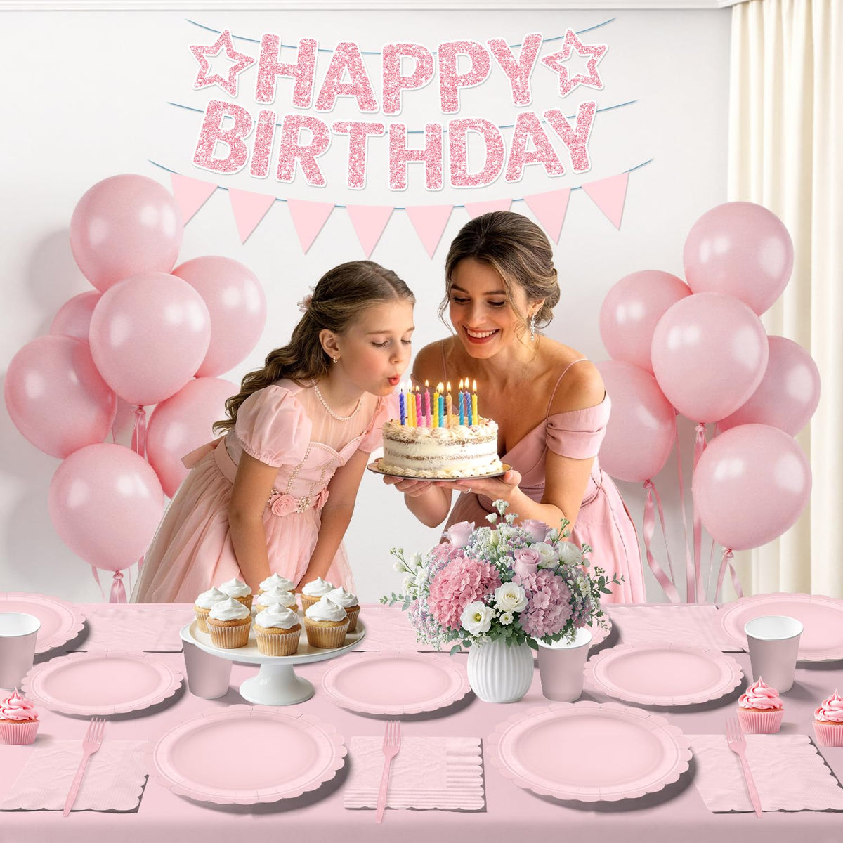 196Pcs Pink Birthday Party Decorations Tableware Set Serves - Yingoto Official Imagery - 5