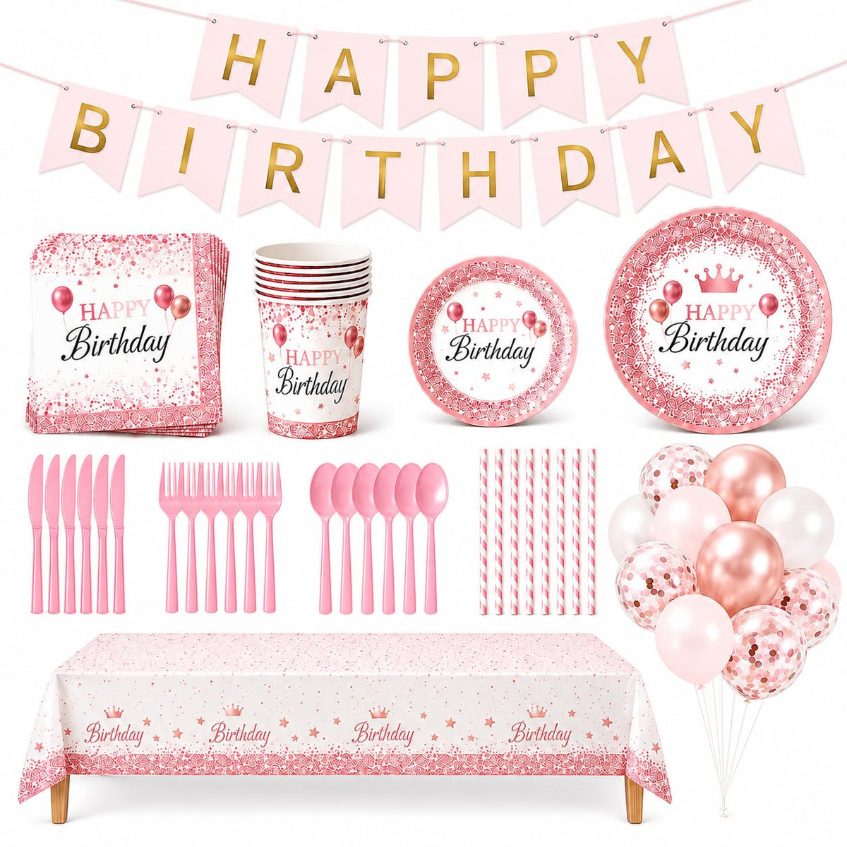 212Pcs Pink Birthday Party Supplies Set Disposable Plates - ZIRICHER Official Imagery - 1