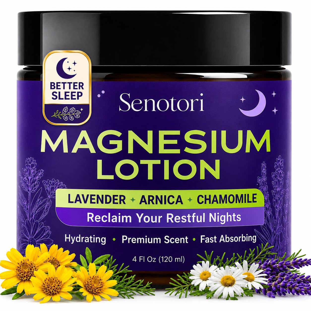 Senotori Magnesium Sleep Lotion with lavender and arnica, 4oz, moisturizing skin lotion for relaxation and soothing sleep.