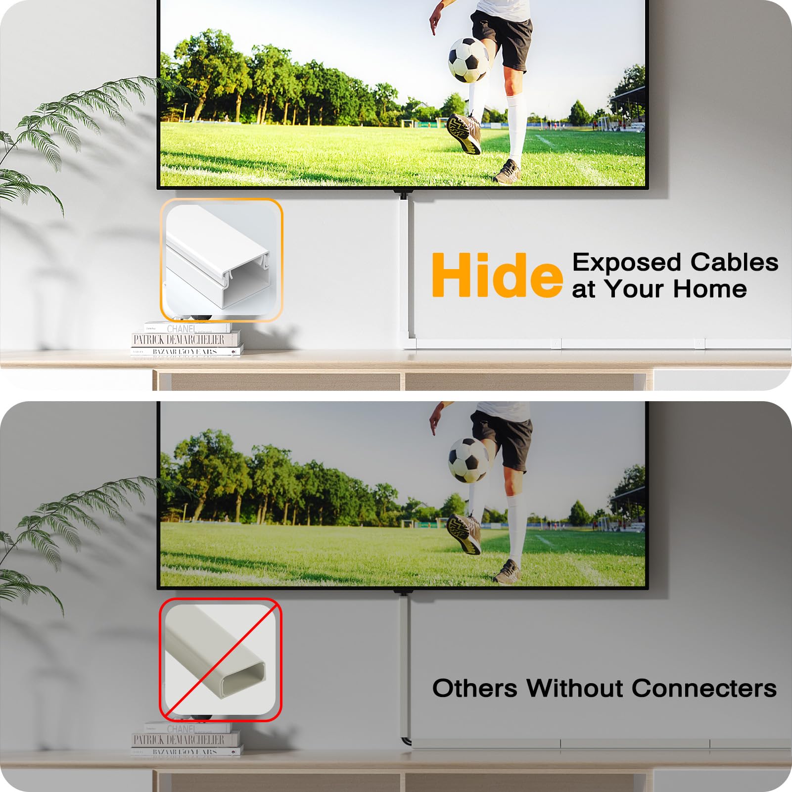 Delamu cord management cover for wires, 157-inch white cable raceway kit with wall wire covers for TV and electronic cords.