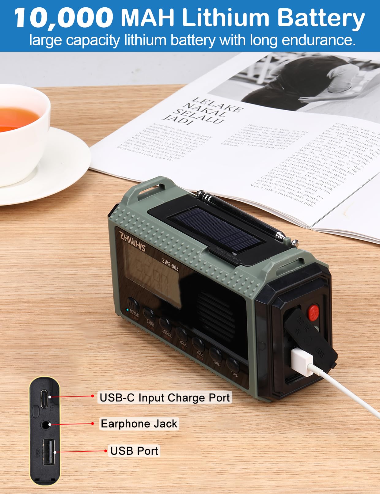 ZHIWHIS Emergency Radio with Auto NOAA Alerts, 10000mAh AM FM SW by ZHIWHIS - Angle View 4