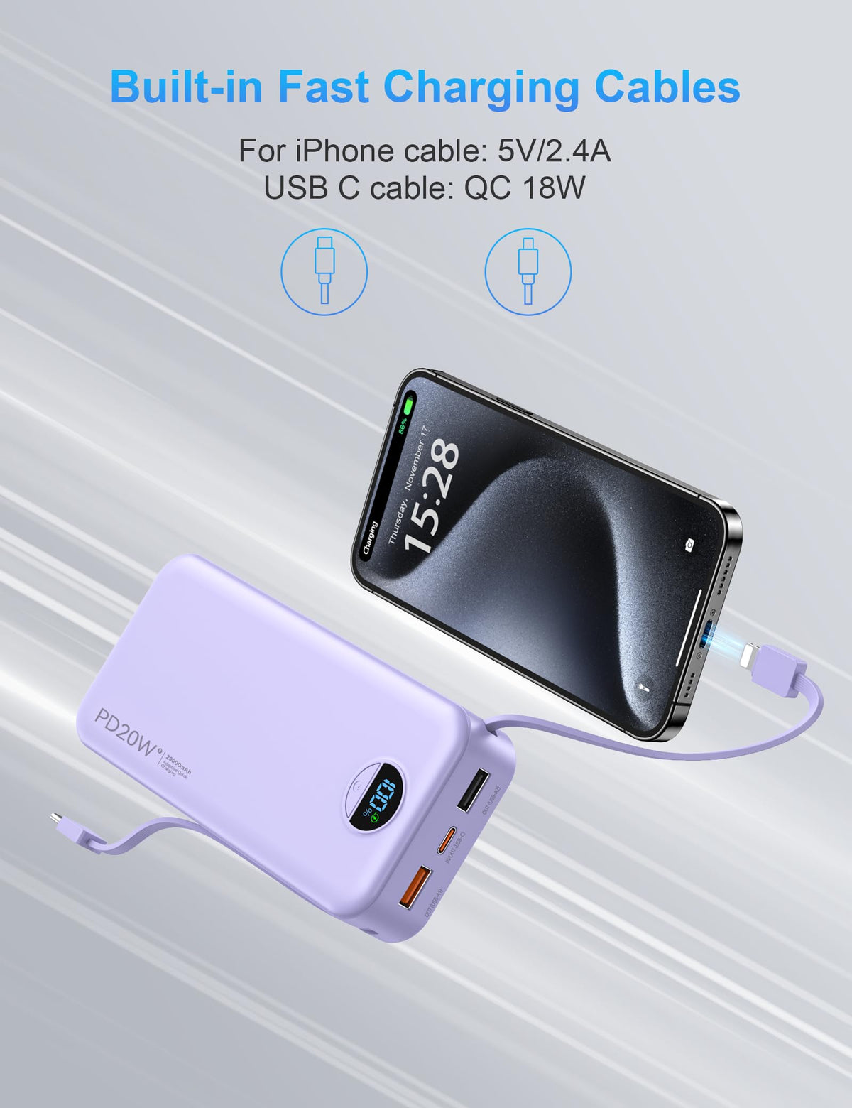 Portable Charger Power Bank 20000mAh PD20W w Built in Cables - Ffnpua Official Imagery - 6