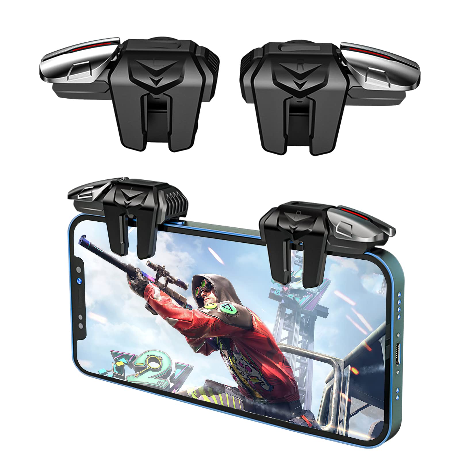 Newseego 2022 mobile game controller trigger with 6 finger target buttons for PUBG and survival games on smartphones.