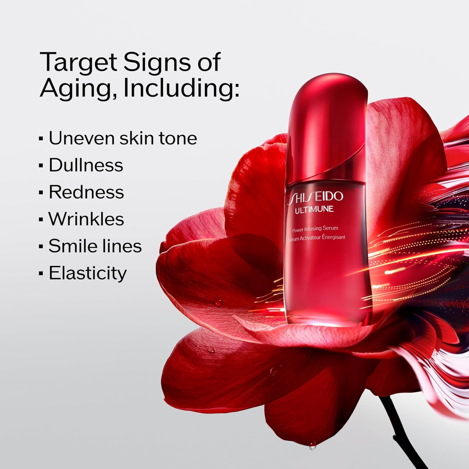 Shiseido Ultimune Power Infusing Serum in a clear bottle with dropper, lightweight face serum for skin immunity and hydration.