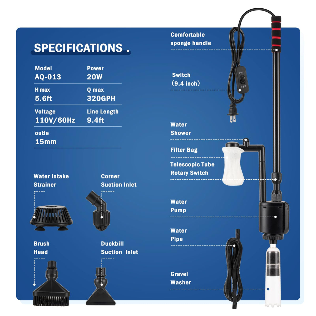 AQQA Electric Aquarium Vacuum Gravel Cleaner 6 in 1 Fish - AQQA Official Imagery - 8