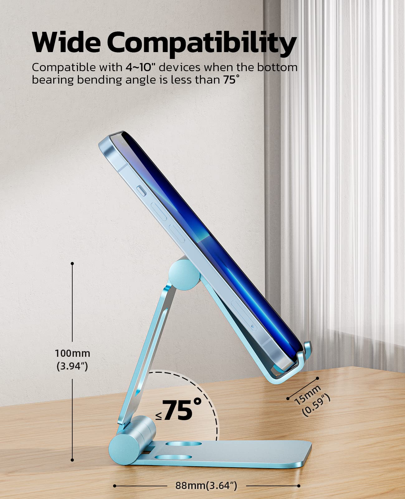 Nulaxy full aluminum dual folding cell phone stand in blue, portable desk holder for hands-free device use