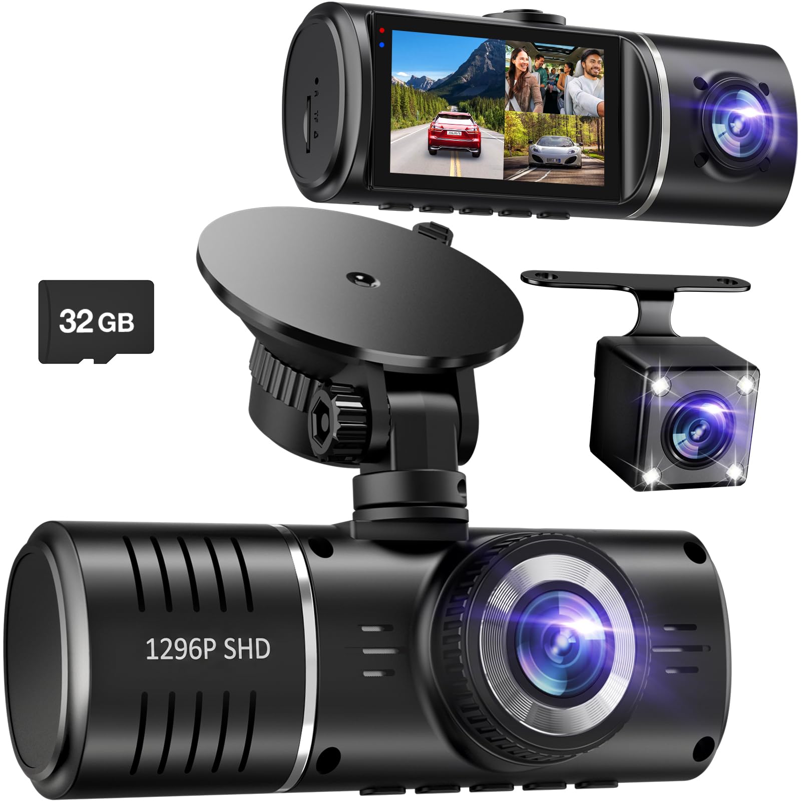 Dash Cam Front and Rear, 1296P Dash Camera for Cars, 3 Channel Car Camera Front Rear and Inside with 32GB Card, Loop Recording, Night Vision, HDR, 24Hr Parking, G-Sensor