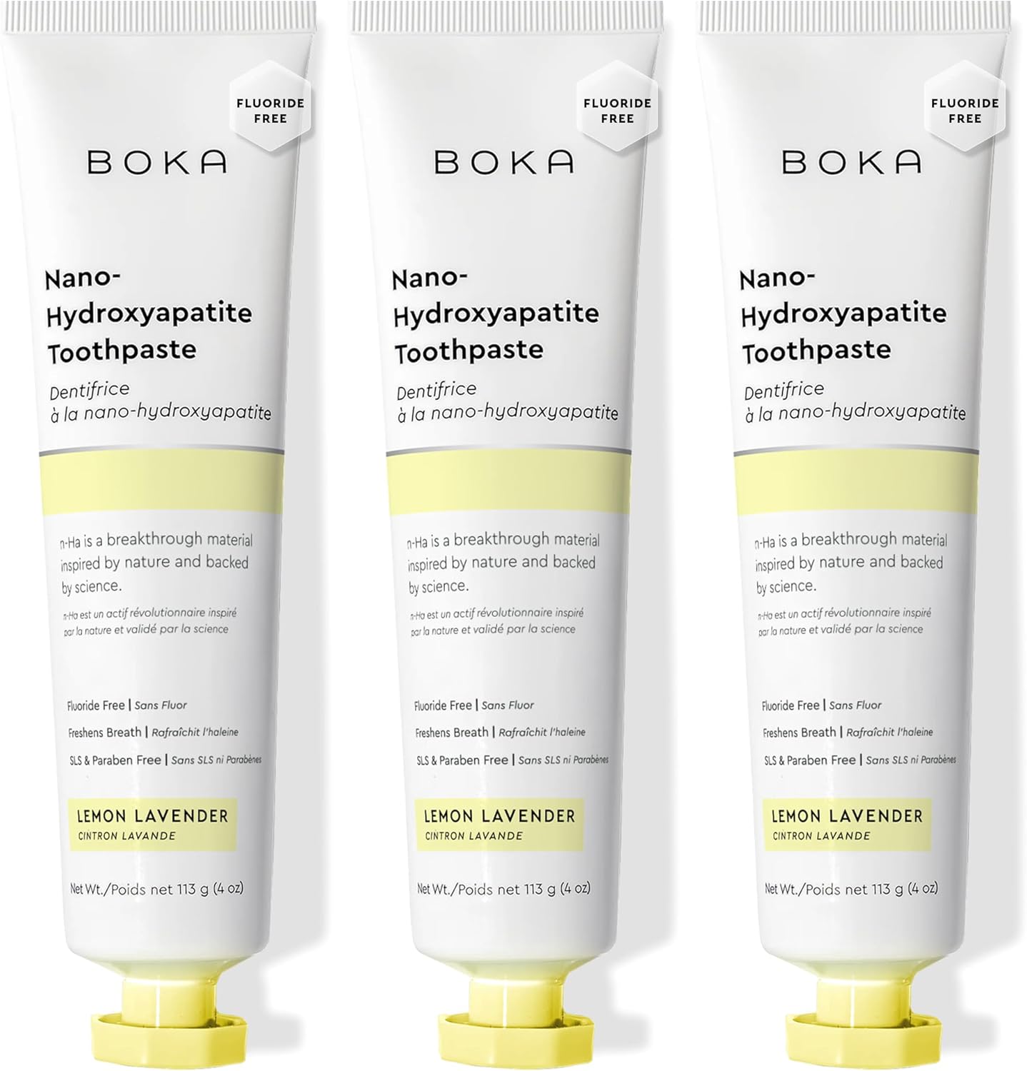 Boka fluoride-free toothpaste with nano hydroxyapatite for sensitive teeth, showing a tube of the dental care product.
