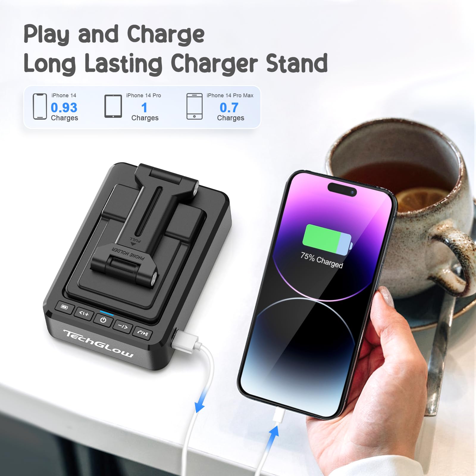 TechGlow Foldable Cellphone Stand with Bluetooth Speaker and Char by TechGlow - Angle View 3