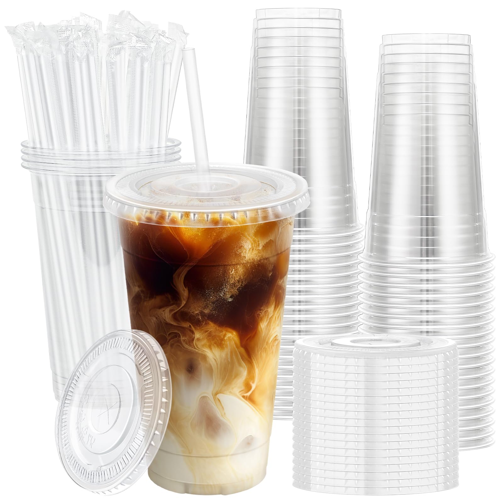 Lamosi 100 Pack 20 oz Plastic Coffee Cups with Lids, Disposable - Product Imagery
