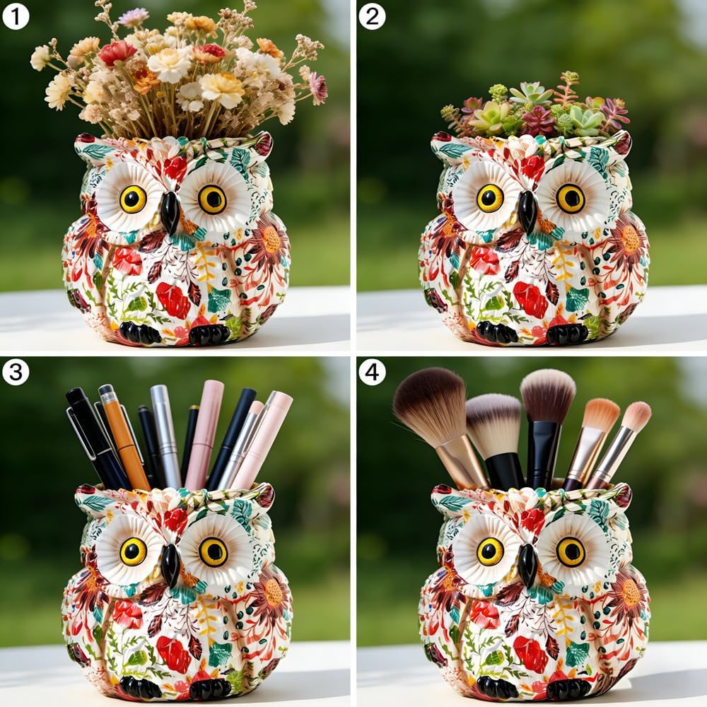 Cute owl-shaped planter by LovTocTic with succulent plants, perfect for indoor or outdoor decorative garden display.