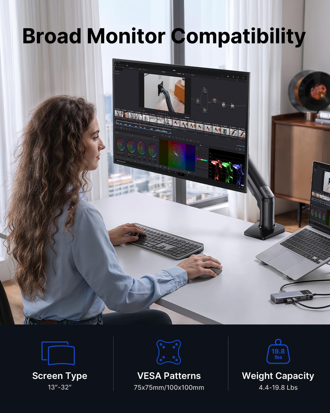 HUANUO FlowLift™ Single Monitor Mount, 13 to 32 Inch Monitor Arm, Adjustable Monitor Stand, Vesa Mount with Clamp and Grommet Base - Fits 4.4 to 19.8lbs LCD Computer Monitors