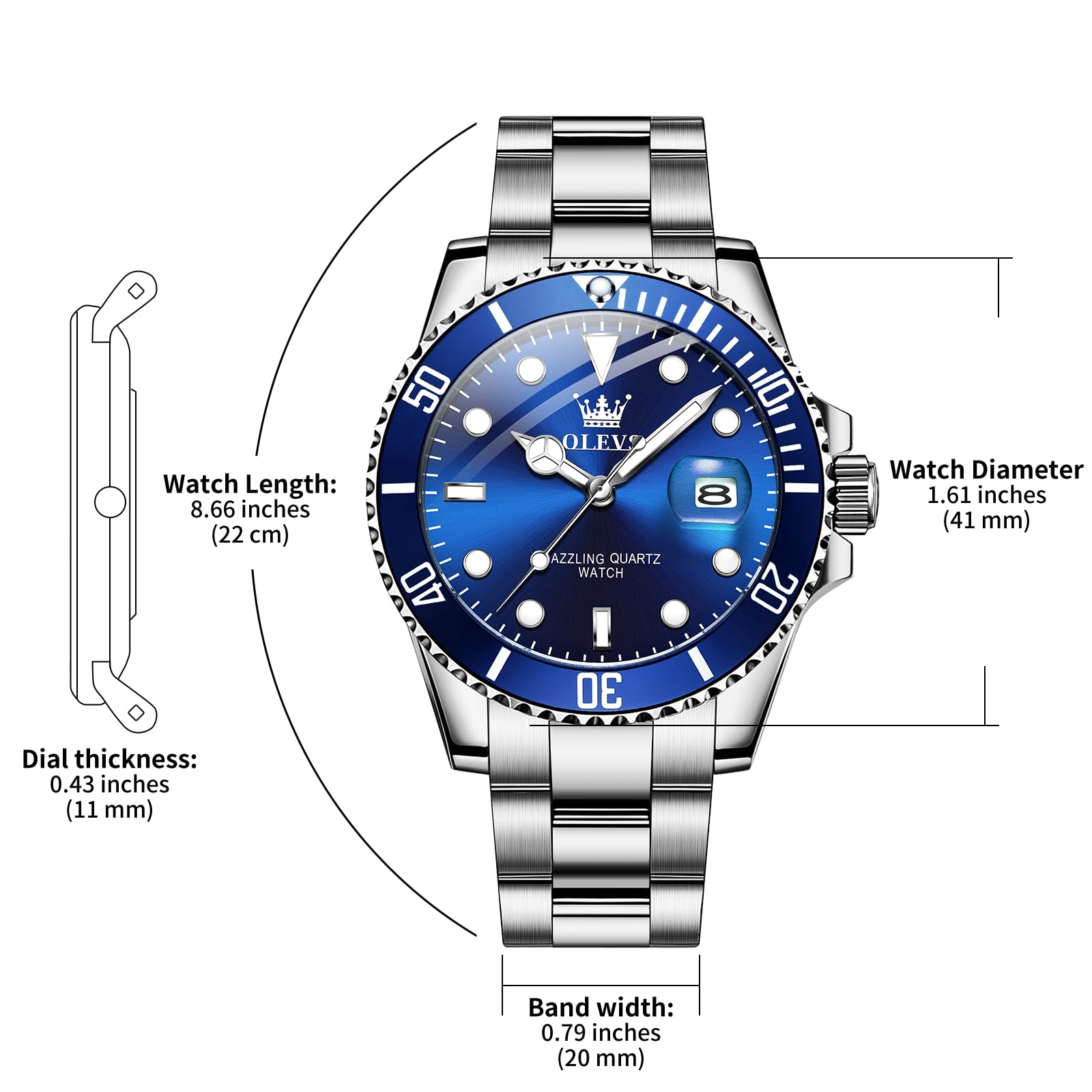 OLEVS Men's Silver & Blue Ocean Dial Dress Watch Quartz Date