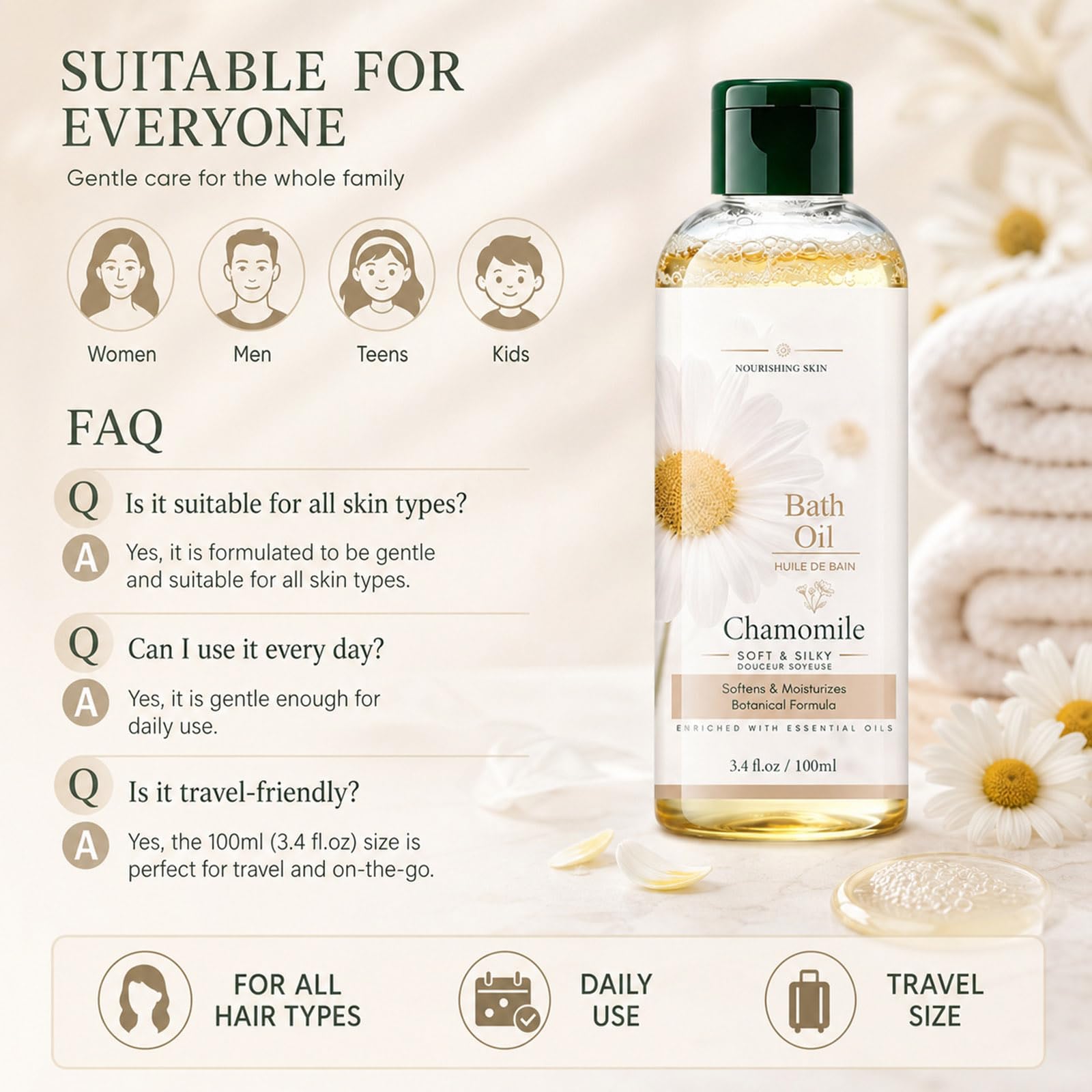 JINXIMAO Chamomile bath oil in 3.4oz bottle, natural soothing moisturizing body bath additive for relaxing aromatherapy.