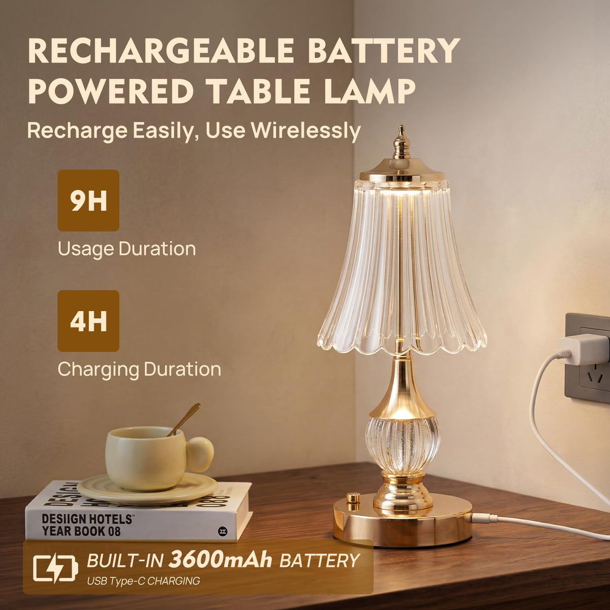 Gold Crystal Battery Operated Rechargeable Lamp Cordless - SisiHokai Official Imagery - 6