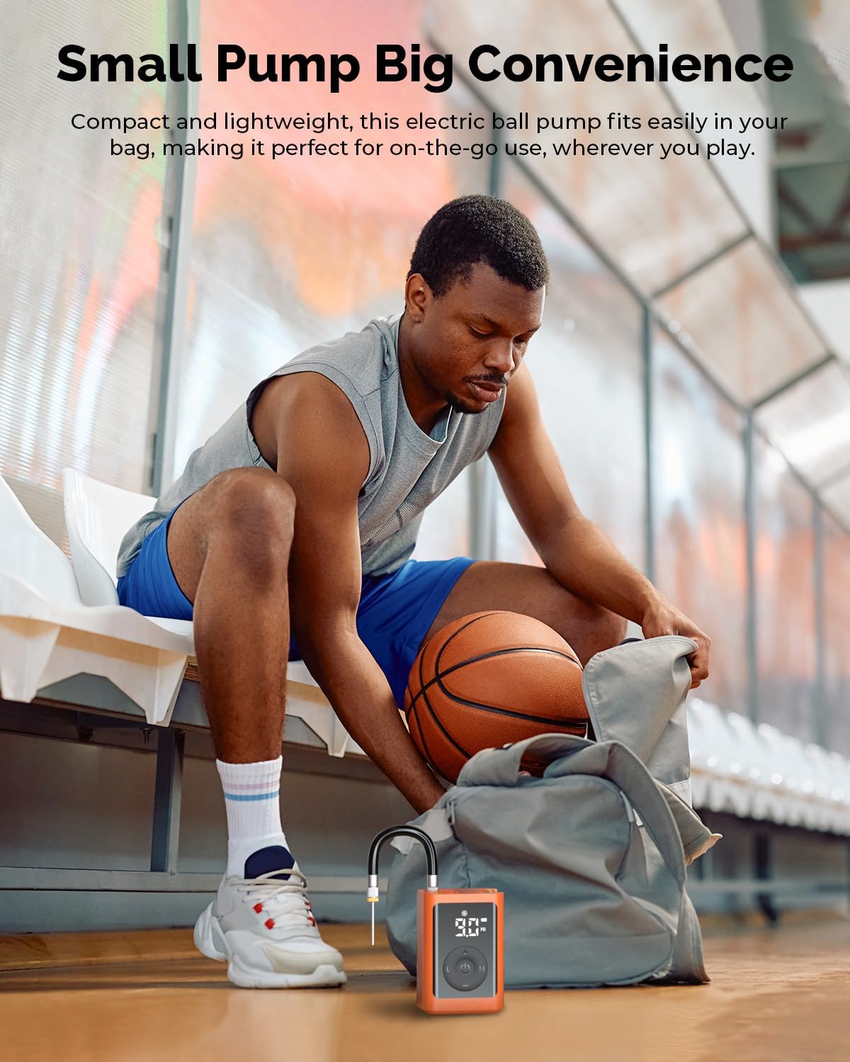 ETENWOLF P300 Plus electric basketball pump with digital display for quick inflation and deflation of sports balls.