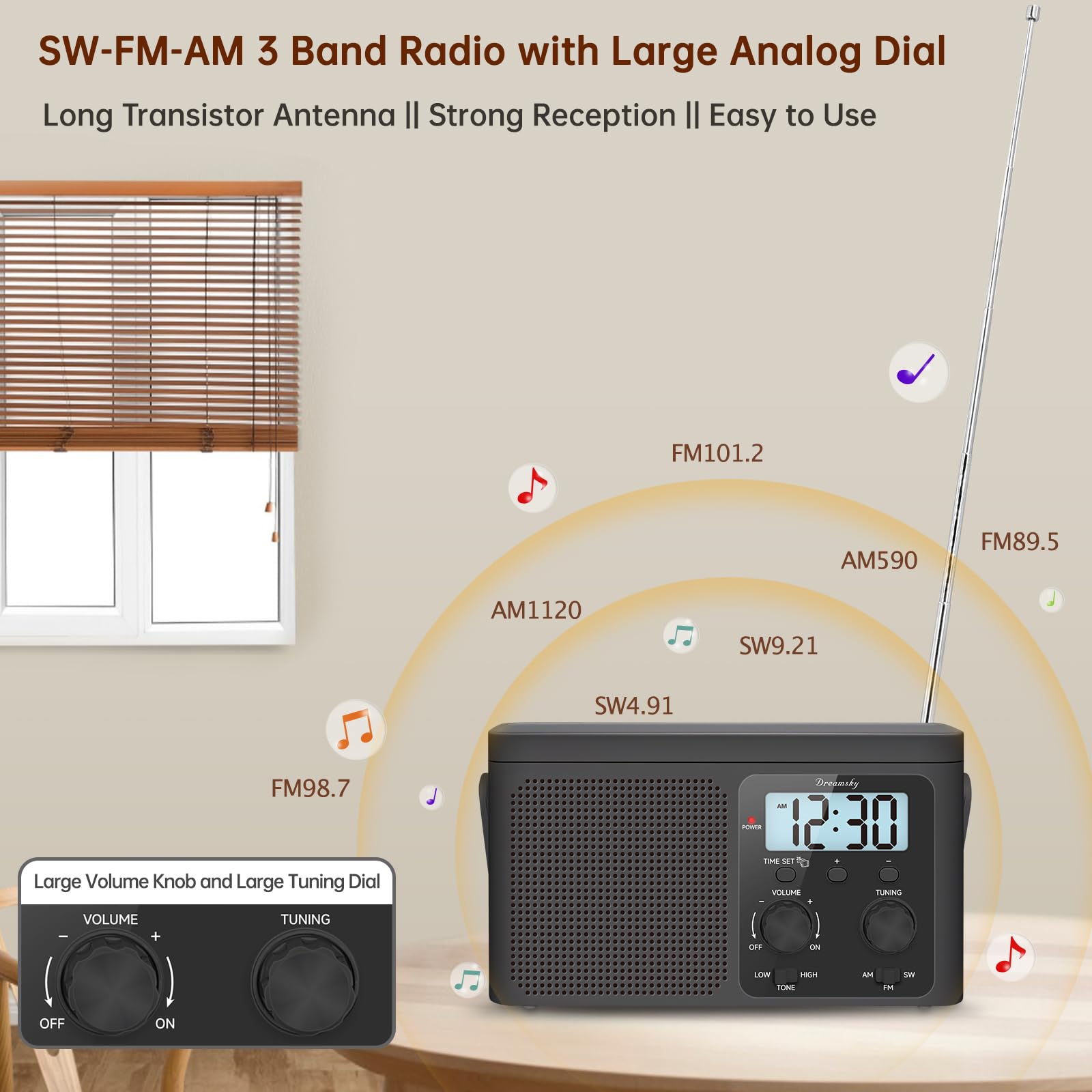 DreamSky Portable AM FM Shortwave Radio | AC & Battery
