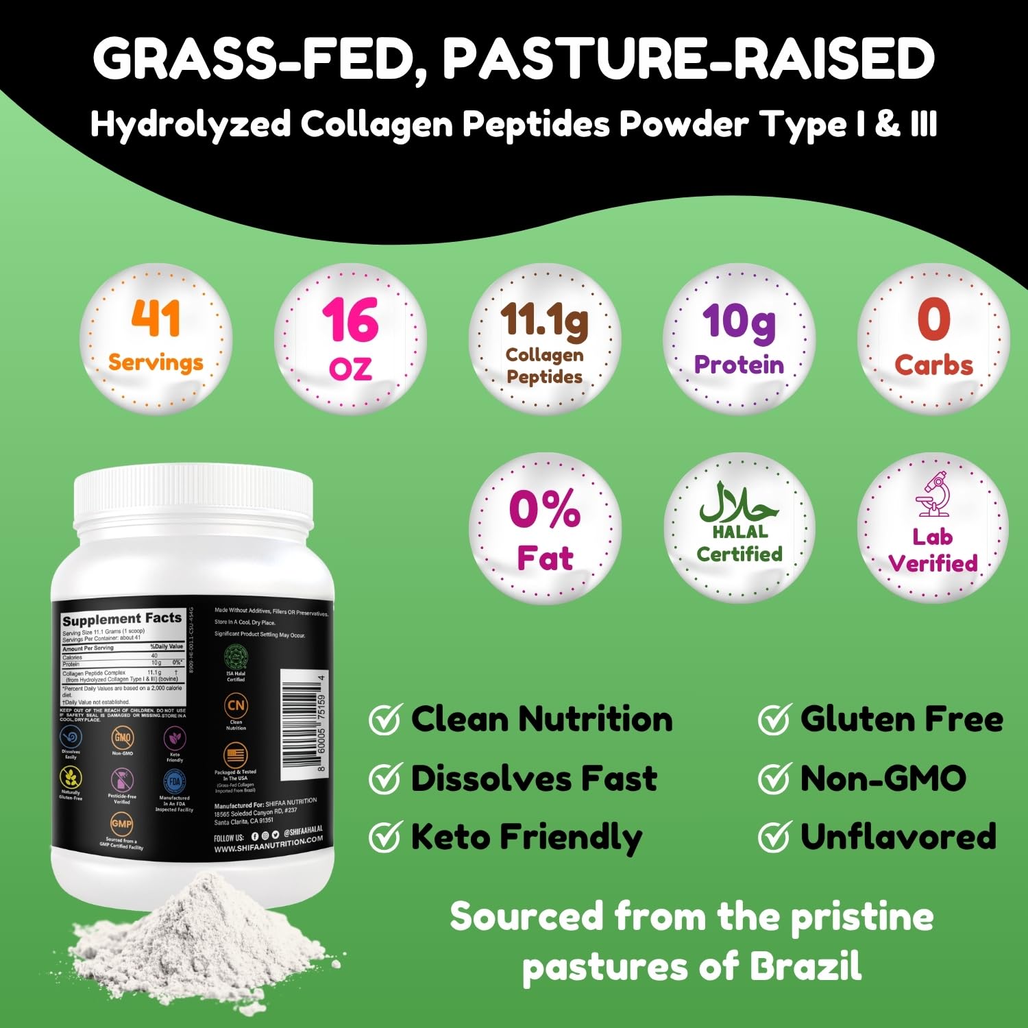 Halal Grass Fed Collagen Peptides Powder 1LB Tub Unflavored - SHIFAA NUTRITION Official Imagery - 3