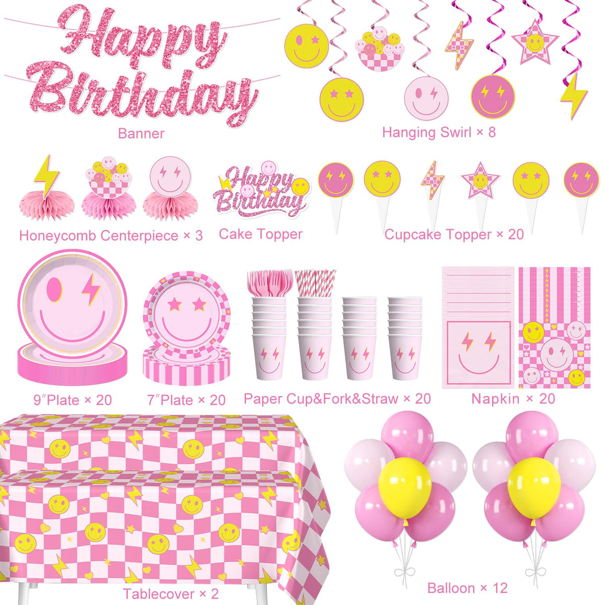 Smiley Face Birthday Decorations Serves 20 Guests - Yingoto Official Imagery - 3