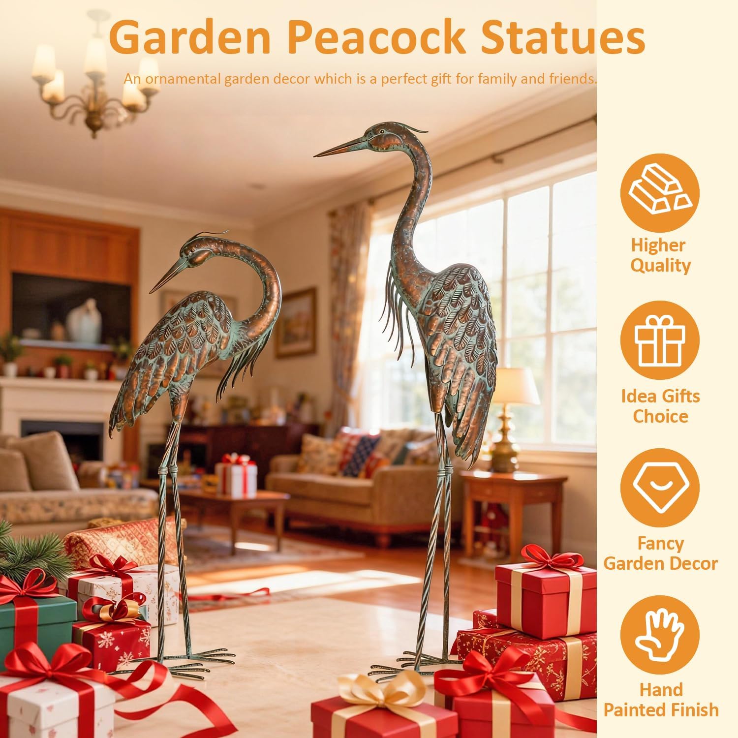 Kircust garden crane statue, standing metal heron decoy with patina finish, outdoor decorative bird sculpture for garden or yard.