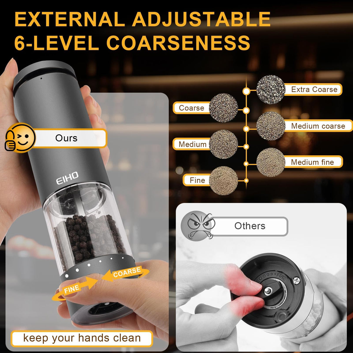 EIHO Electric Salt and Pepper Grinder Set USB Rechargeable - EIHO Official Imagery - 3