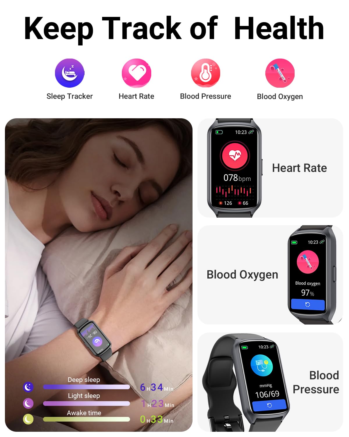 Amzhero Health Fitness Tracker with 24/7 Heart Rate, Blood Oxygen, Blo - View 4