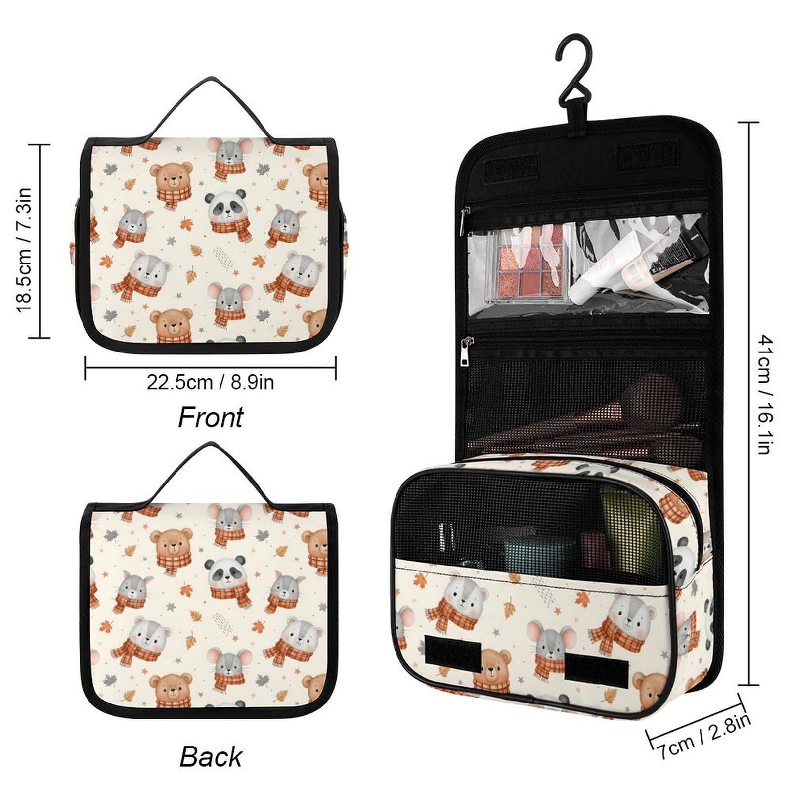 LSBJBBHDCB Cute Cartoon Bear Panda Hanging Toiletry Makeup Bag Panda with Scarf Travel Organizers Cosmetics Bag with Sturdy Hook