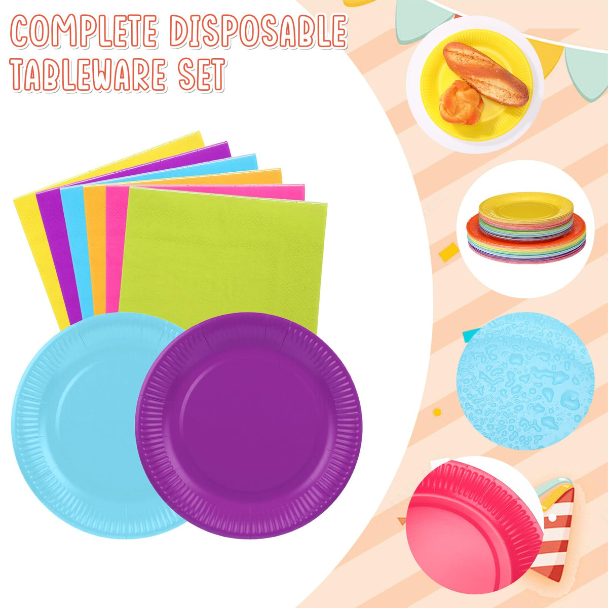 Geosar 240 Pcs Rainbow Party Plates Cups Napkins Paper Set - Geosar Official Imagery - 3