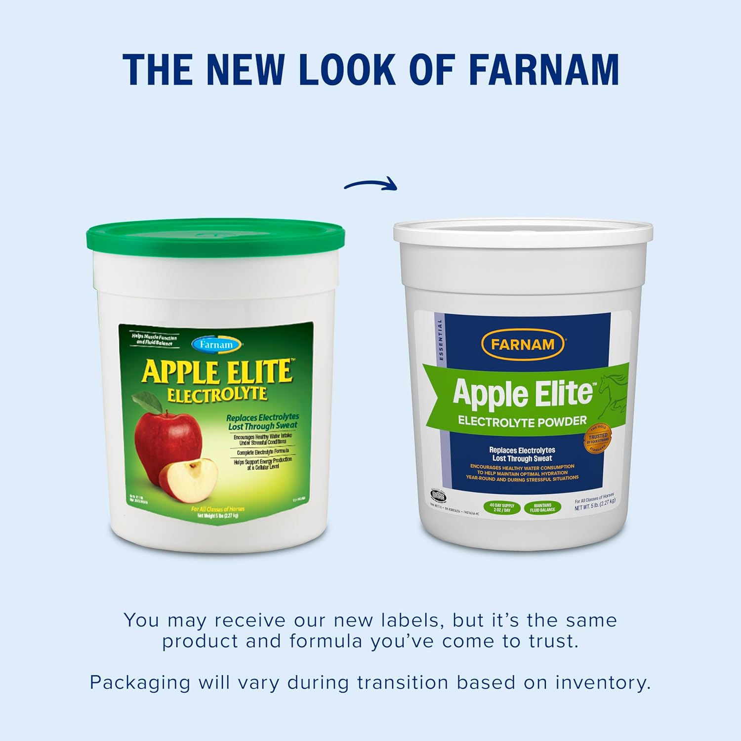 Farnam Apple Elite Horse Electrolytes Powder supplement in 5 lb bag, natural mineral replacement for horses with apple flavor.