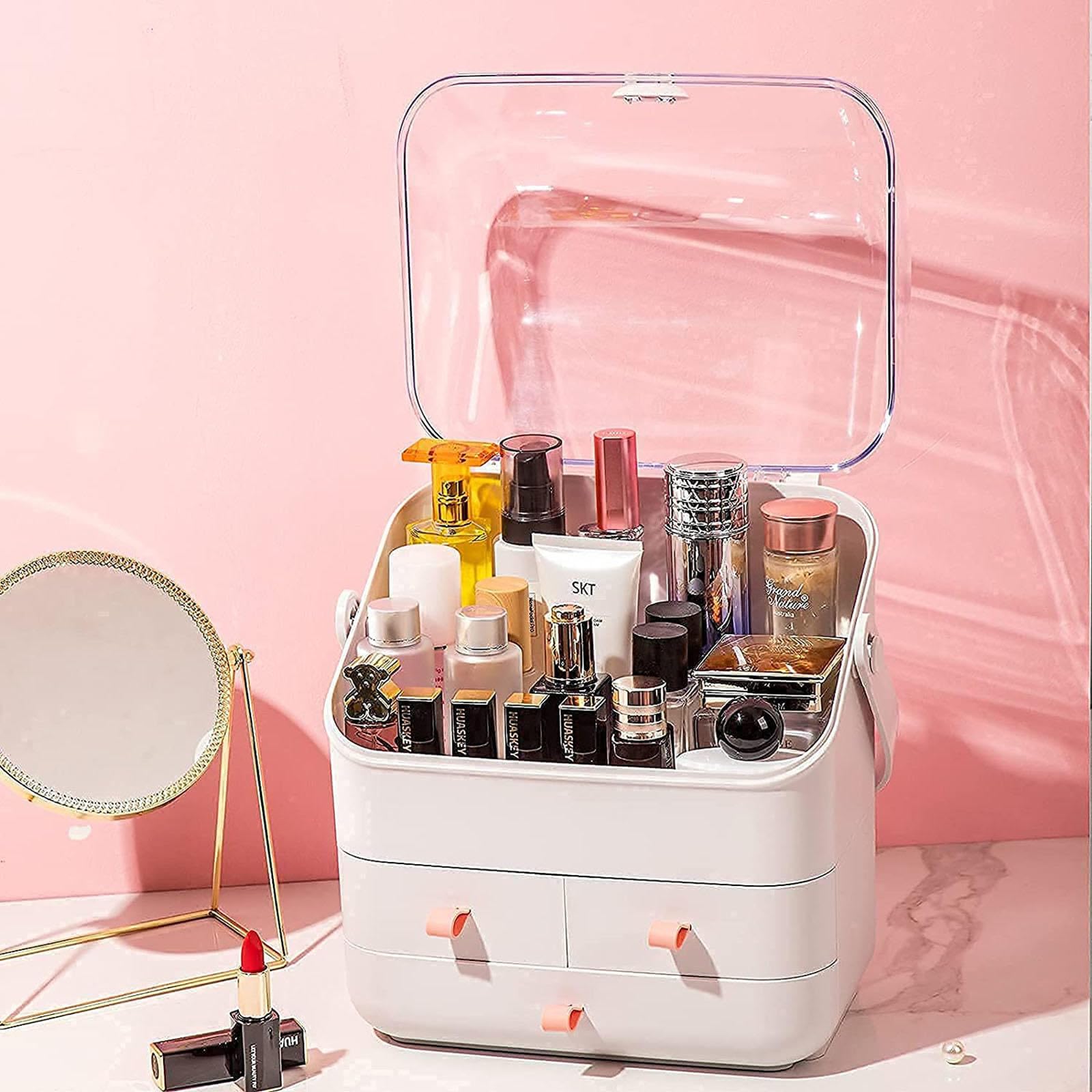 White VIDECOR waterproof makeup organizer caddy with multiple compartments for bathroom, dresser, or bedroom storage.