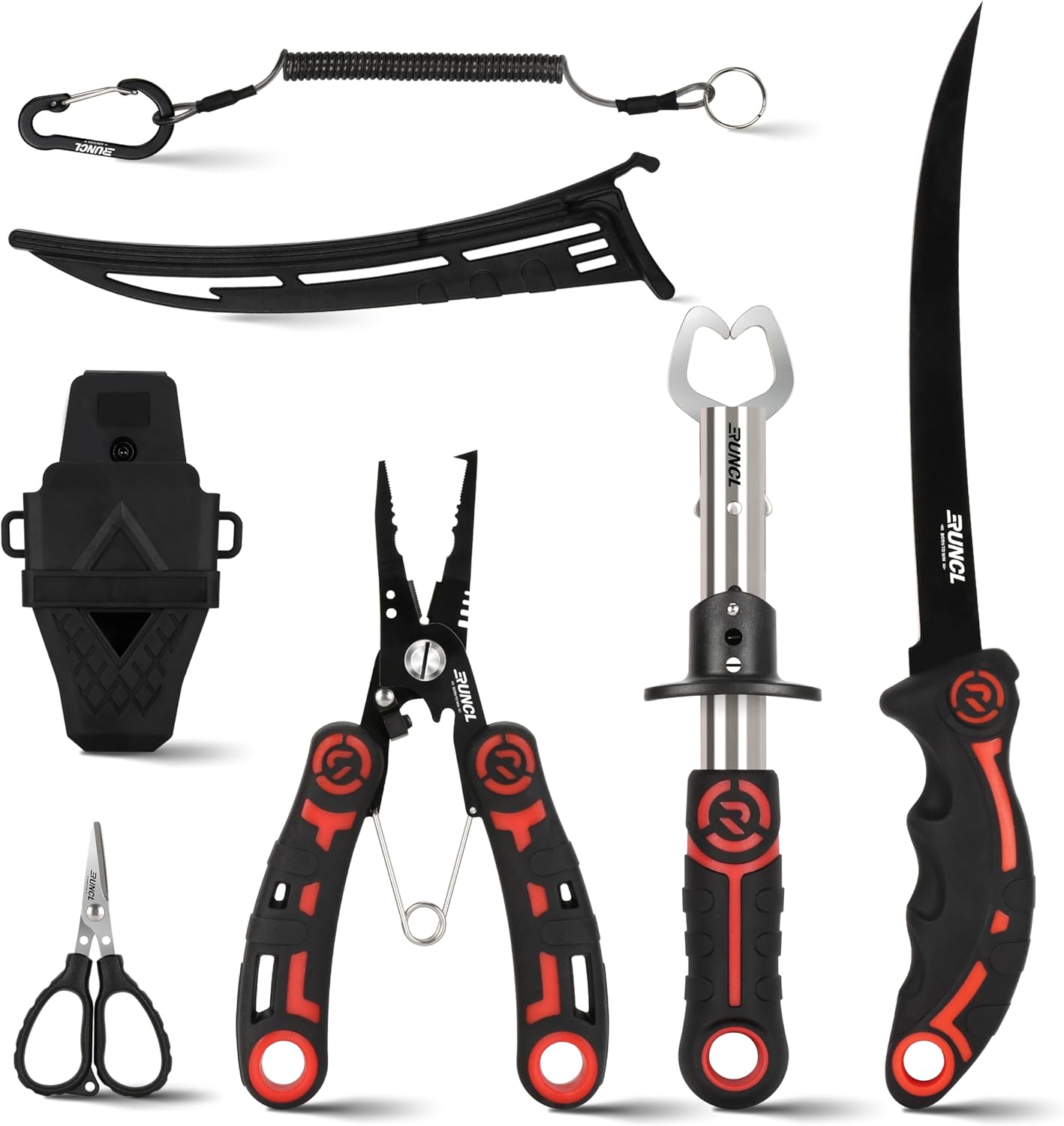 PROBITE RUNCL 4-piece fishing tool kit with pliers, fillet knife with sharpener, and fish lip gripper for angling and fish cleaning.