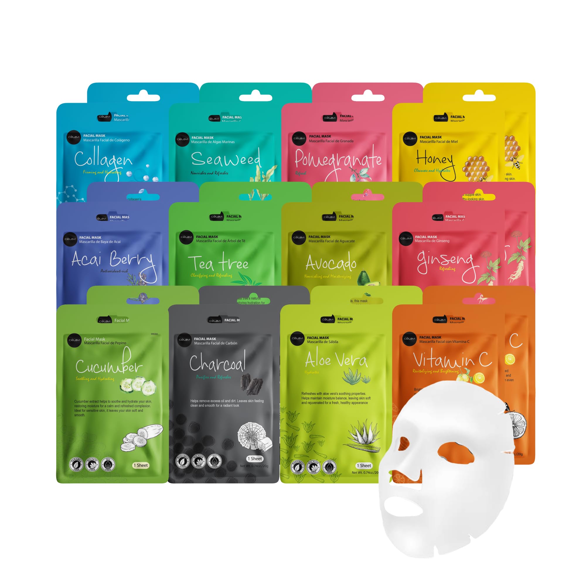 Celavi Korean Face Mask Sheet Set, Facial Spa Masks for Women, - Celavi Cosmetics