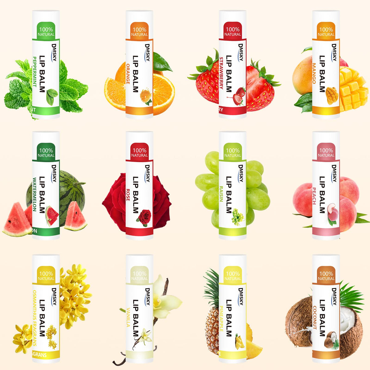 DMSKY 60 Pack Lip Balm Bulk Natural 12 Flavors - Dmsky Official Imagery - 3