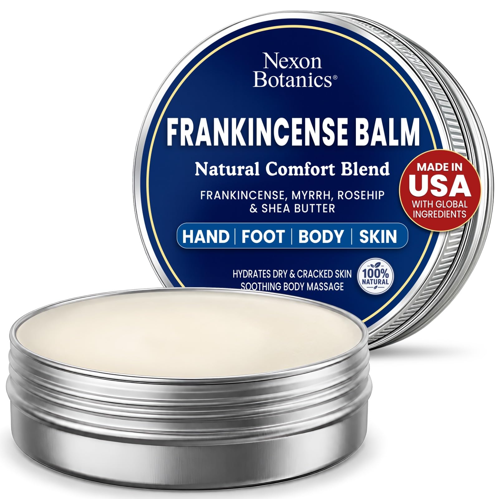Nexon Botanics Frankincense & Myrrh skin moisturizer balm in a 2 fl oz jar with a natural herbal label.