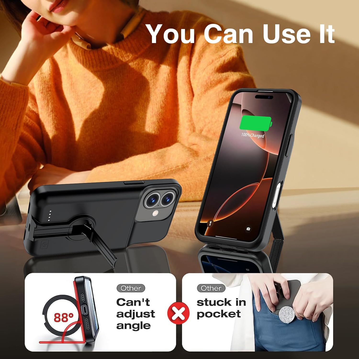 BOPPS iPhone 16 Pro battery case with stand, slim 8500mAh portable power bank for iPhone protection and convenience
