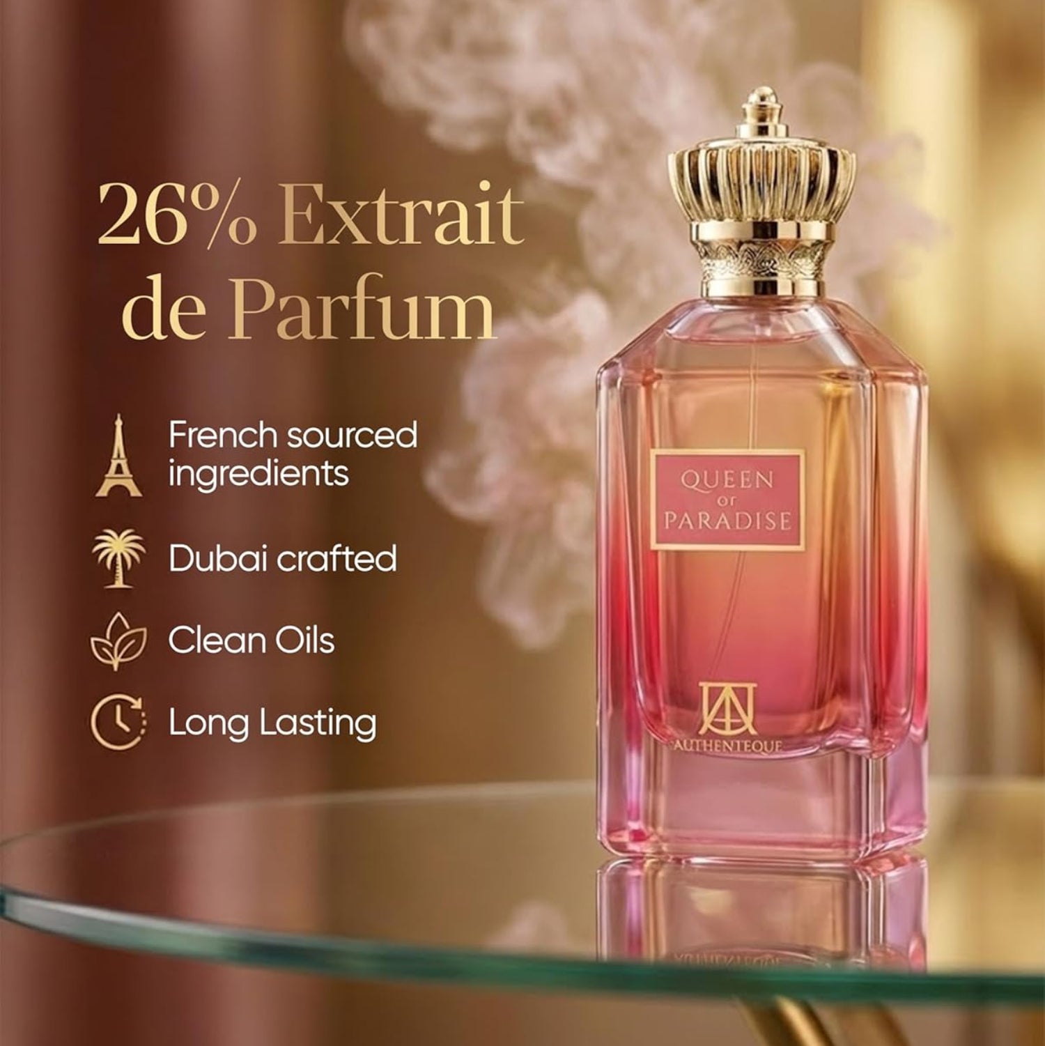 AUTHENTEQUE Queen of Paradise long-lasting vanilla perfume for women, featuring elegant glass bottle and floral design.