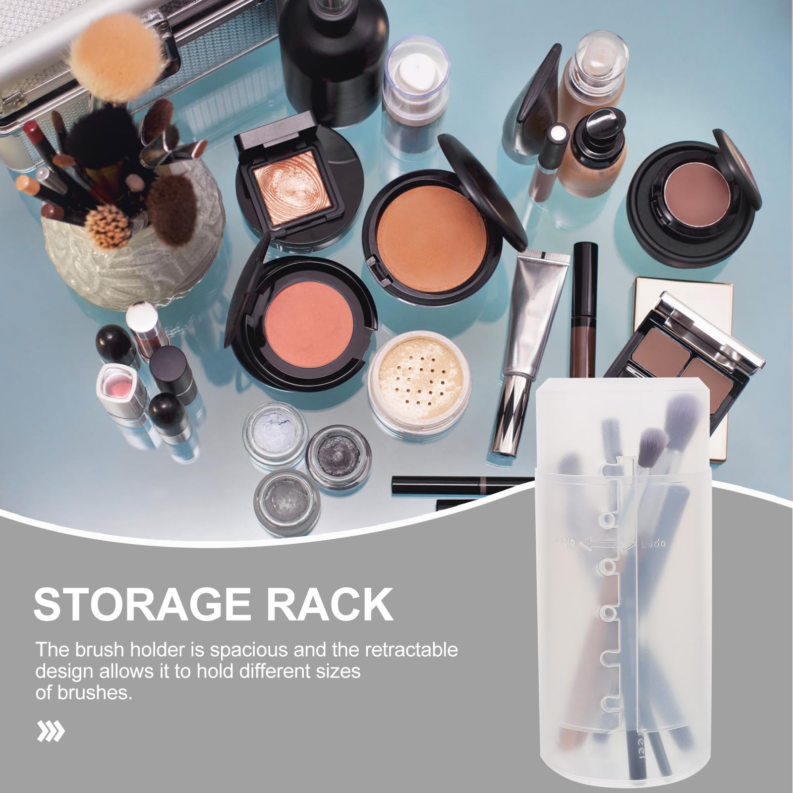 FOYTOKI makeup brush holder caddy with lid, three retractable plastic cups for organizing brushes and makeup tools on vanity.
