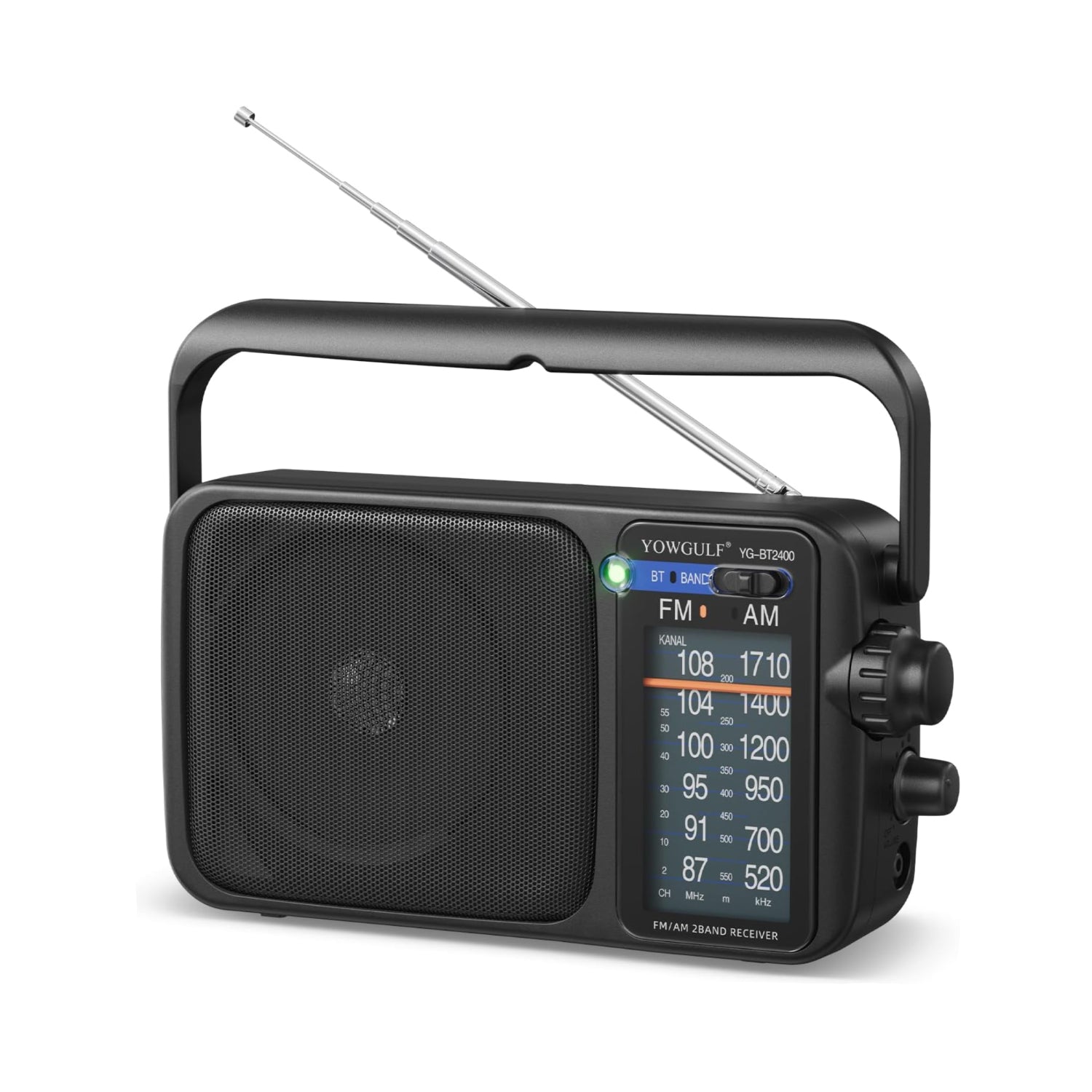 YOWGULF portable AM FM radio with Bluetooth, transistor design, and battery power, featuring a sleek black finish and digital display.