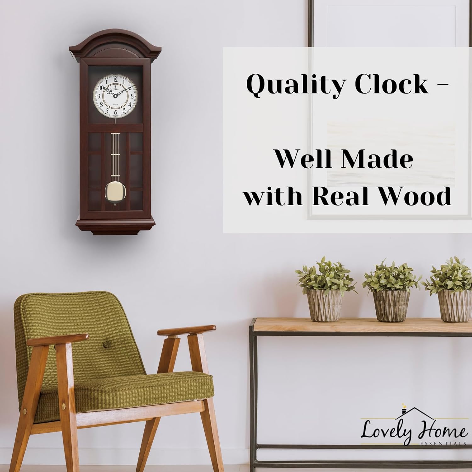 Lovely Home Essentials 27-inch wooden pendulum wall clock with classic design and hanging mechanism, perfect for traditional home decor.