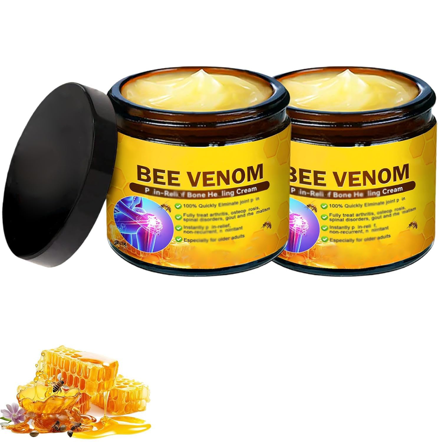 Hogitpe Bee Venom Joint Cream for back, knee, and neck pain relief, shown in a 2-piece skin moisturizer set.