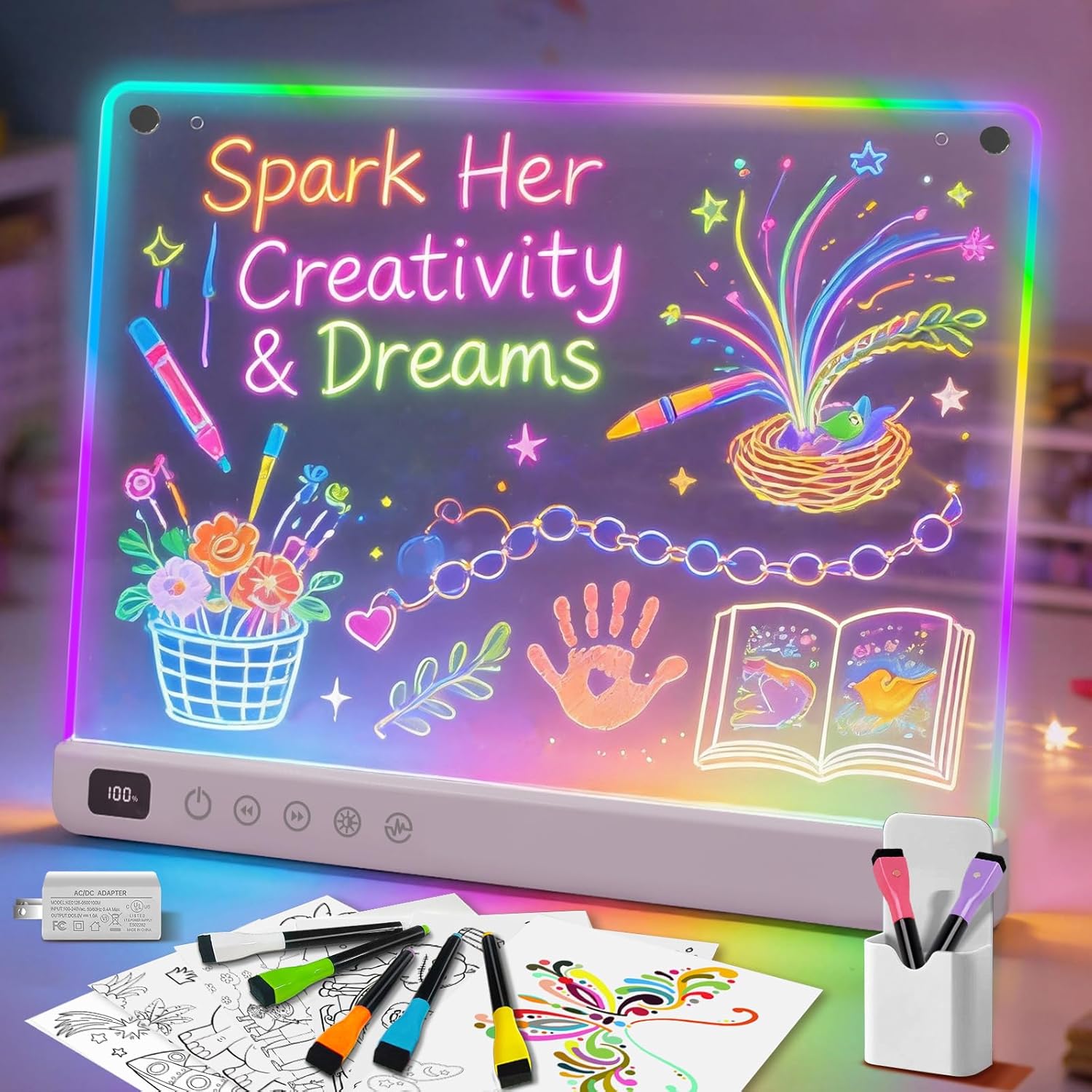 Lumiboard 16-inch LED drawing board with 13 light effects, rechargeable glow doodle note board, illuminated art and sketch surface