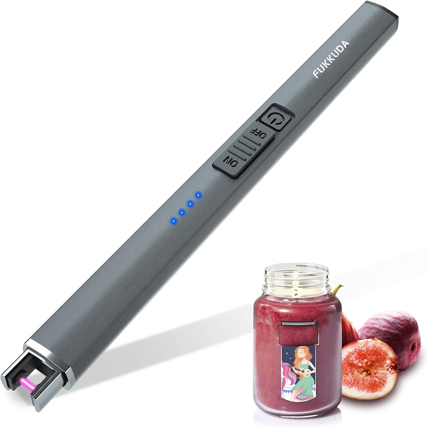 FUKKUDA electric candle lighter with safety switch, USB rechargeable, windproof design, compact and sleek for lighting candles.