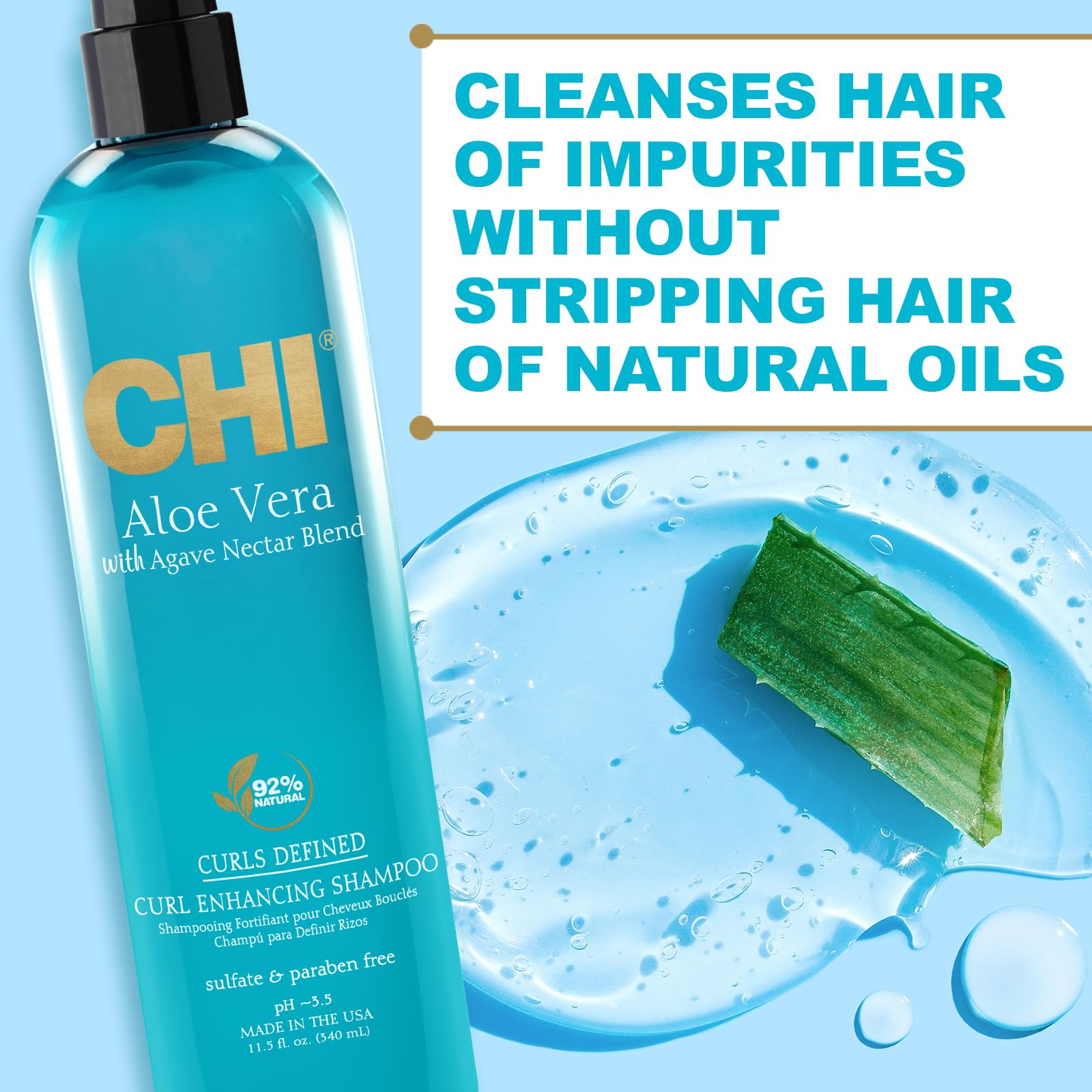 CHI Aloe Vera Curl Enhancing Shampoo, Gently Cleanses & Increases Moisture For Curly Hair, Sulfate, Paraben, & Cruelty-Free, 11.5 Oz