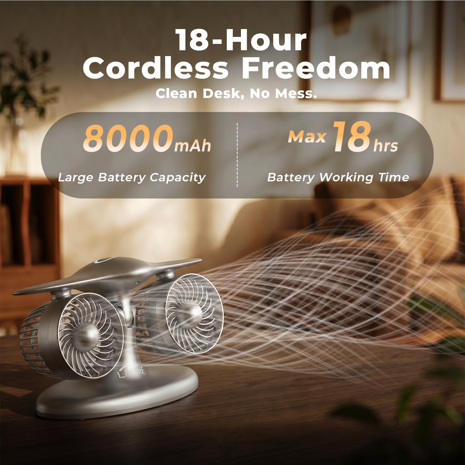 LAMJIE Jet Engine Desk Fan for Office, Rechargeable Table Fan Gif by LAMJIE - Angle View 4