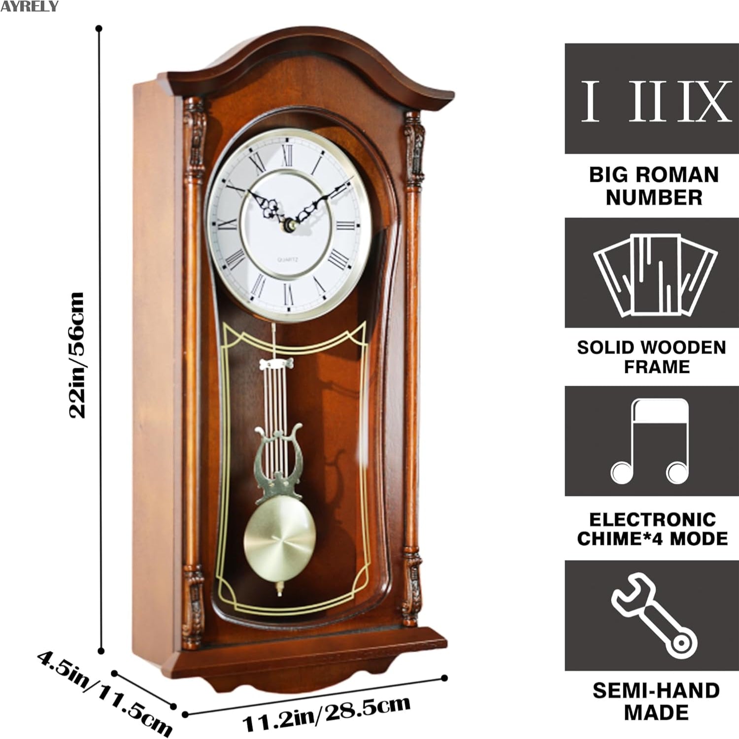 AYRELY® 22-inch vintage grandfather wall clock with pendulum and chime, featuring a classic design and ornate wood finish.