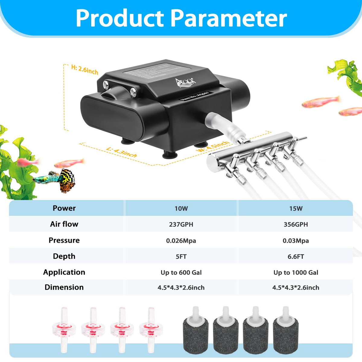 AQQA Aquarium Air Pump 10W 237GPH 4 Outlets Up to 600Gal - AQQA Official Imagery - 7